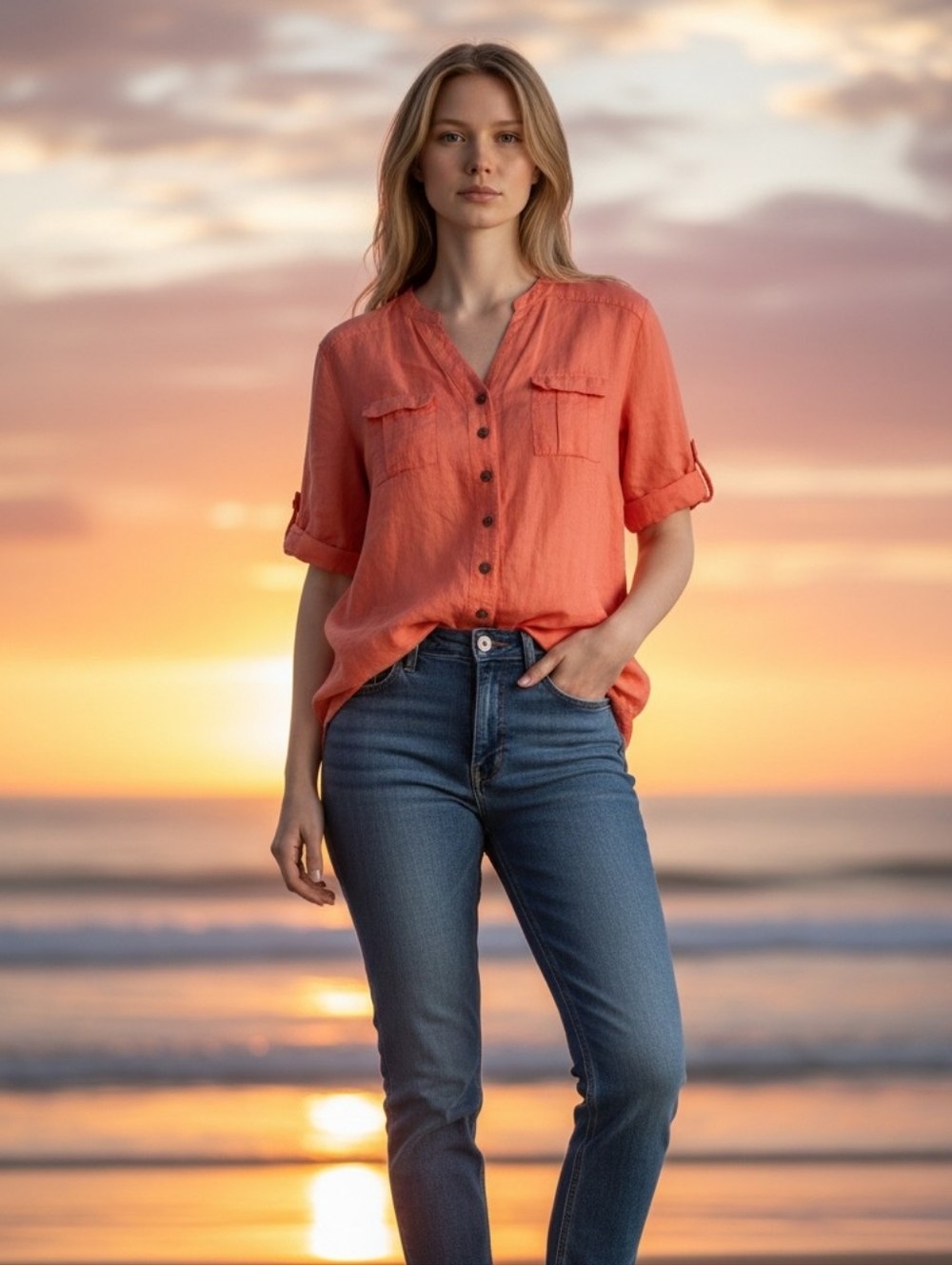 Coldwater Creek Rust-Orange Linen Button Top